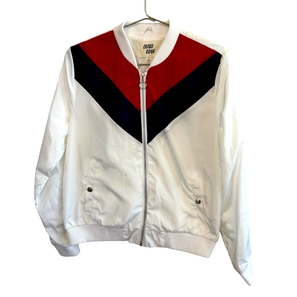 Outer Edge Retro White Jacket with Red and Black V-Stripe Women’s L MINTY